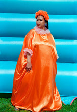 Load image into Gallery viewer, HOT Orange Rainbow Liquid Satin Ruffle kaftan Dress
