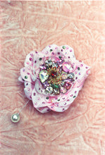 Load image into Gallery viewer, Heavily Bejewelled Rose Pastel Pink Pearl Pin Back Brooch
