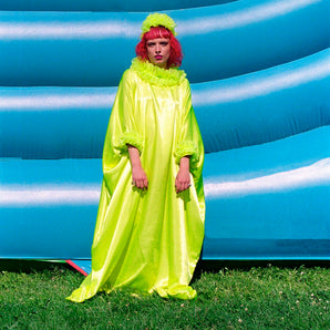 Neon Yellow /green Liquid Satin Ruffle kaftan Dress