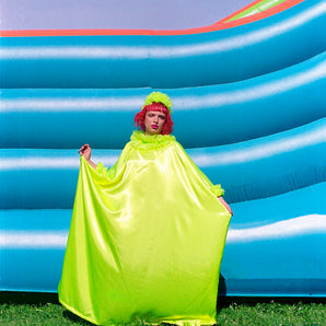 Neon Yellow /green Liquid Satin Ruffle kaftan Dress