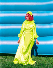 Load image into Gallery viewer, Neon Yellow /green Liquid Satin Ruffle kaftan Dress
