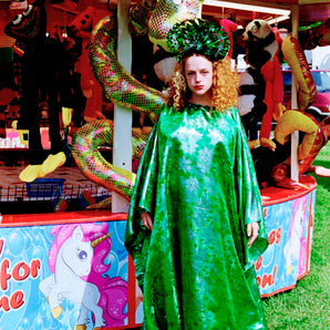ONE OF A KIND reversible silver and green brocade satin Dress