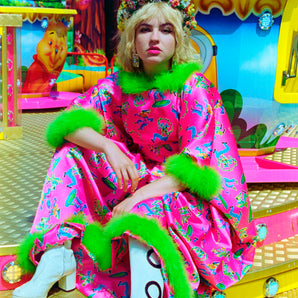 Colour POP bold print pink Kaftan with Lime Feather Trim