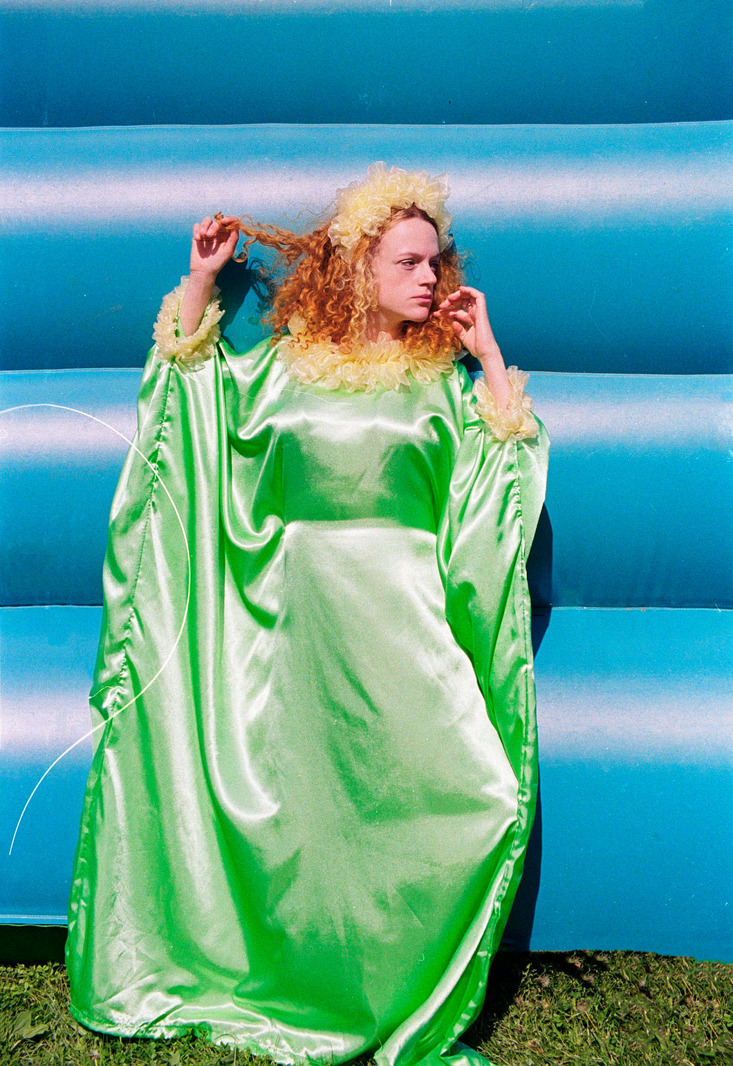 Apple Green Liquid Satin Ruffle kaftan Dress