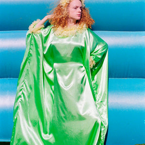 Apple Green Liquid Satin Ruffle kaftan Dress