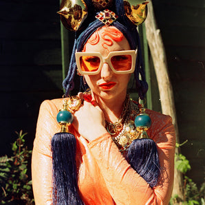 Bespoke Blue and Gold Bejewelled Turban Tassel Headpiece