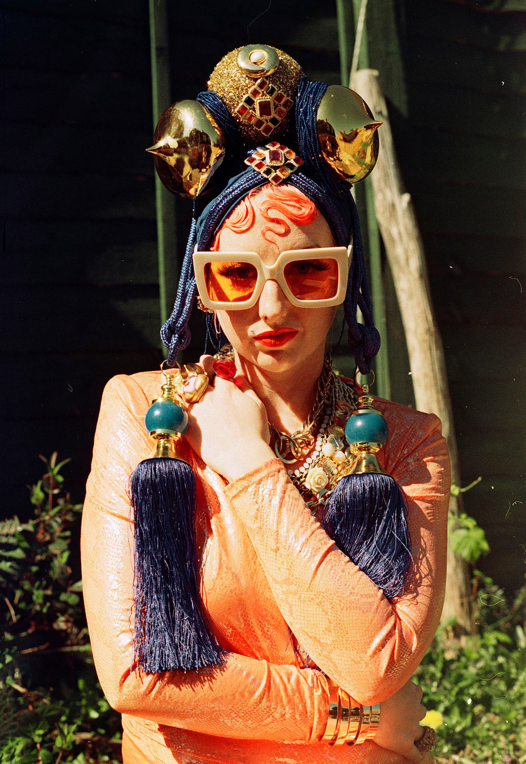 Bespoke Blue and Gold Bejewelled Turban Tassel Headpiece