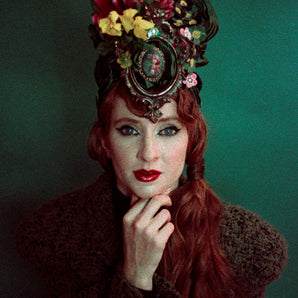 Floral Vintage Hat / Turban -Feather, millinery, Green, Pink Yellow