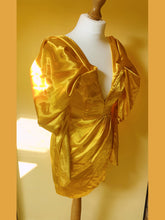 Load image into Gallery viewer, SILKY GOLD YELLOW OFF THE SHOULDER PLUNGE DRESS
