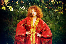 Load image into Gallery viewer, Embroidered Floral deep red Robe/Kimono with Mustard Tasselss
