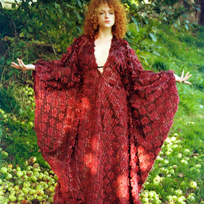 Metallic Chiffon Couture Burgundy Tasseled V-neck Kaftan Dress
