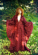 Load image into Gallery viewer, Metallic Chiffon Couture Burgundy Tasseled V-neck Kaftan Dress
