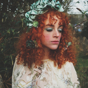 Green Silk Ruffle headband - Shine-Sheen finish - ASYMMETRICAL style