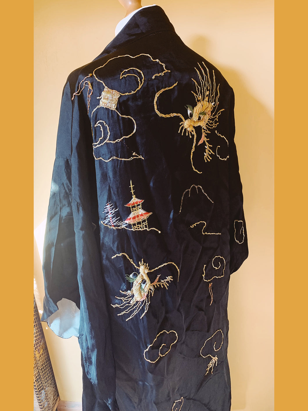 Vintage embroidered Black Kimono with Dragon Detailing