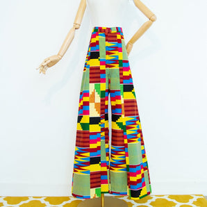 Vintage 70s Wide Flare Trousers Multicolor Geometric Print High Waist Size M 32"