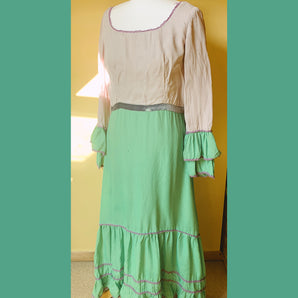 70s GREEN AND PURPLE THIN STRIPED LONG SLEEVE LONG PEASANT DRESS