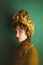 Load image into Gallery viewer, Gold Metallic Vintage Pleated Turban Hat with Black Sequin Flowers
