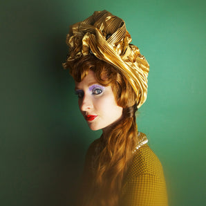 Gold Metallic Vintage Pleated Turban Hat with Black Sequin Flowers