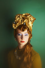 Load image into Gallery viewer, Gold Metallic Vintage Pleated Turban Hat with Black Sequin Flowers
