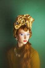 Load image into Gallery viewer, Gold Metallic Vintage Pleated Turban Hat with Black Sequin Flowers

