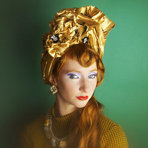 Gold Metallic Vintage Pleated Turban Hat with Black Sequin Flowers