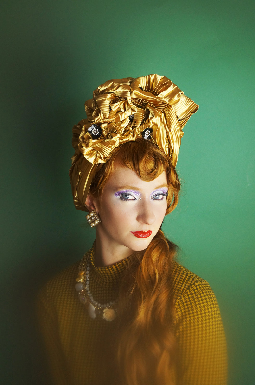 Gold Metallic Vintage Pleated Turban Hat with Black Sequin Flowers