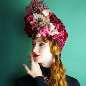 Floral Vintage Hat / Turban - Red, Pink, Pleated,