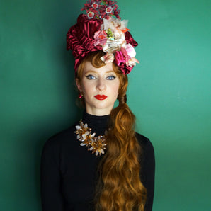 Floral Vintage Hat / Turban - Red, Pink, Pleated,
