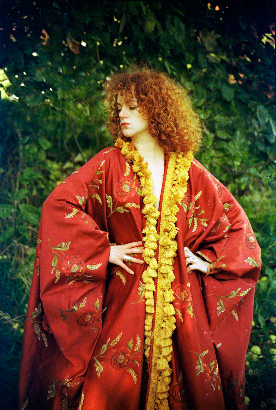 Embroidered Floral deep red Robe/Kimono with Mustard Tasselss