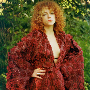 Metallic Chiffon Couture Burgundy Tasseled V-neck Kaftan Dress