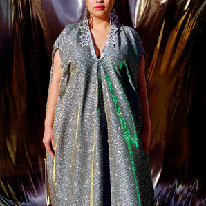 Diamond Patterned High Glitter Green holographic Maxi Gown / kaftan Dress
