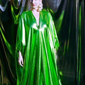 Metallic Liquid Neon Green V-neck Maxi Gown / kaftan Dress